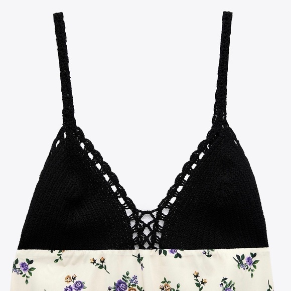 NWT ZARA Floral Satin Sleeveless V-Neck Crochet Bodice Empire Waist Slip Dress S - Picture 7 of 8